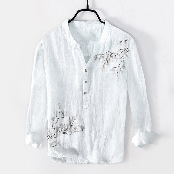 Buddha Stones、マグノリアの花、枝柄、ハーフボタン、メンズコットンリネン長袖シャツ - 白 - US/UK/AU50、EU60 (5XL) - image 6