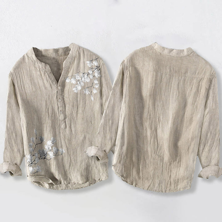 Buddha Stones、マグノリアの花、枝柄、ハーフボタン、メンズコットンリネン長袖シャツ - image 5
