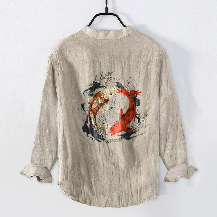 Buddha Stones赤白鯉鯉陰陽ボタン メンズ コットンリネン 長袖シャツ - image 2