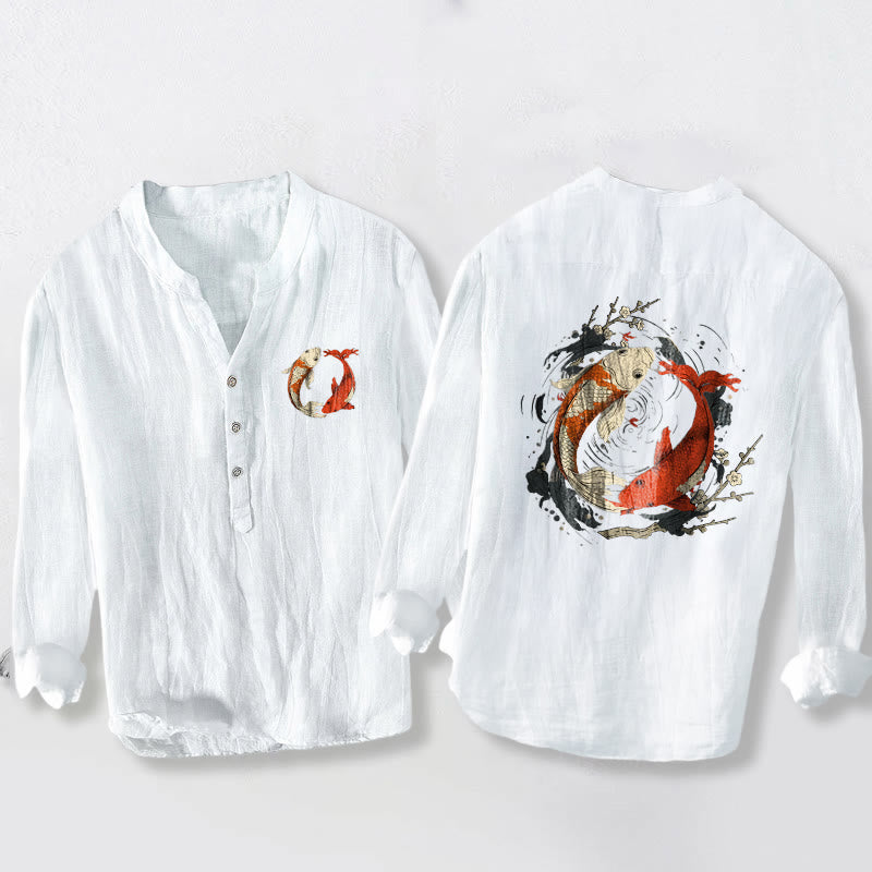Buddha Stones赤白鯉鯉陰陽ボタン メンズ コットンリネン 長袖シャツ - 白 - US/UK/AU50、EU60 (5XL) - image 6