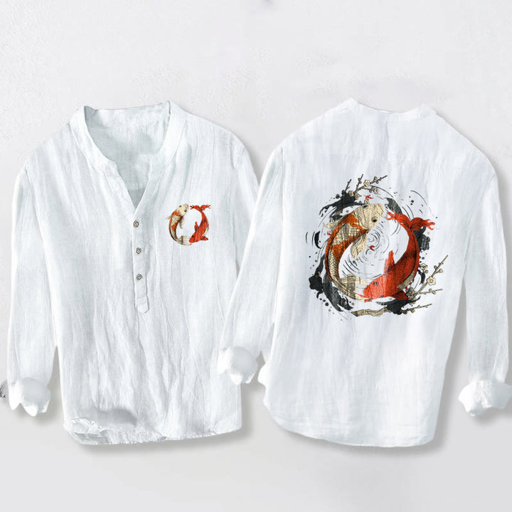 Buddha Stones赤白鯉鯉陰陽ボタン メンズ コットンリネン 長袖シャツ - 白 - US/UK/AU50、EU60 (5XL) - image 6