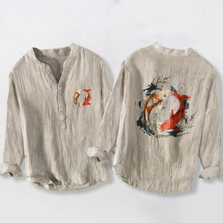 Buddha Stones赤白鯉鯉陰陽ボタン メンズ コットンリネン 長袖シャツ - リネン - US/UK/AU50、EU60 (5XL) - image 0
