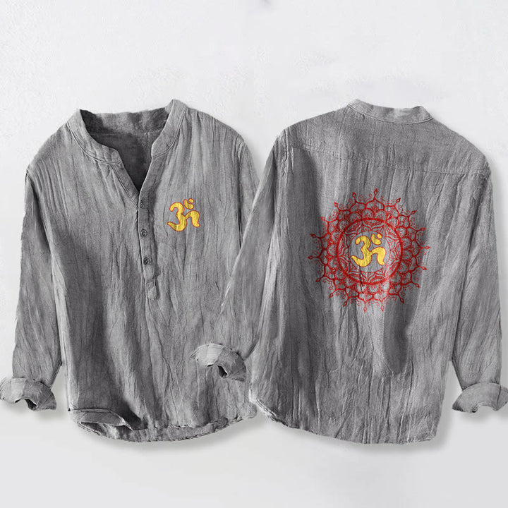 Buddha StonesOMシンボル 曼荼羅柄 ハーフボタン メンズ コットンリネン 長袖シャツ - グレー - US/UK/AU50、EU60 (5XL) - image 6
