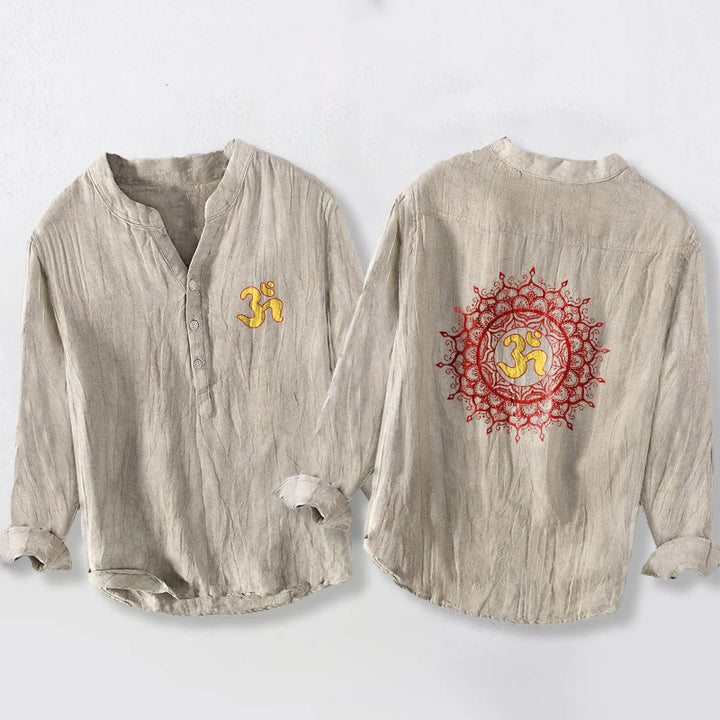 Buddha StonesOMシンボル 曼荼羅柄 ハーフボタン メンズ コットンリネン 長袖シャツ - リネン - US/UK/AU50、EU60 (5XL) - image 3