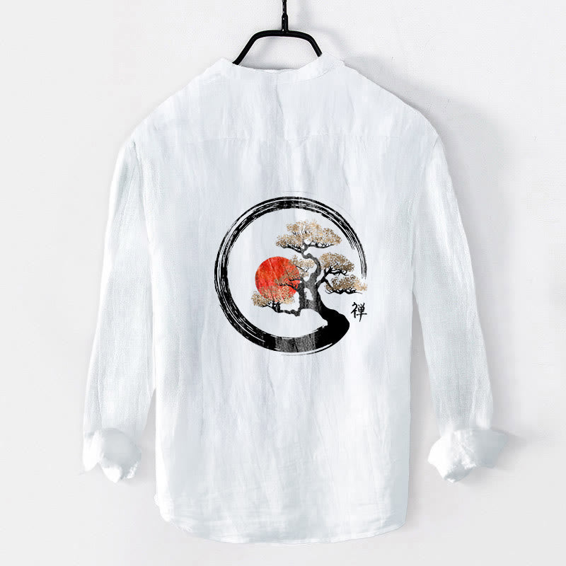 Buddha Stones、禅のキャラクター、松の木、太陽の模様。ハーフボタンのメンズコットンリネン長袖シャツ。 - image 8