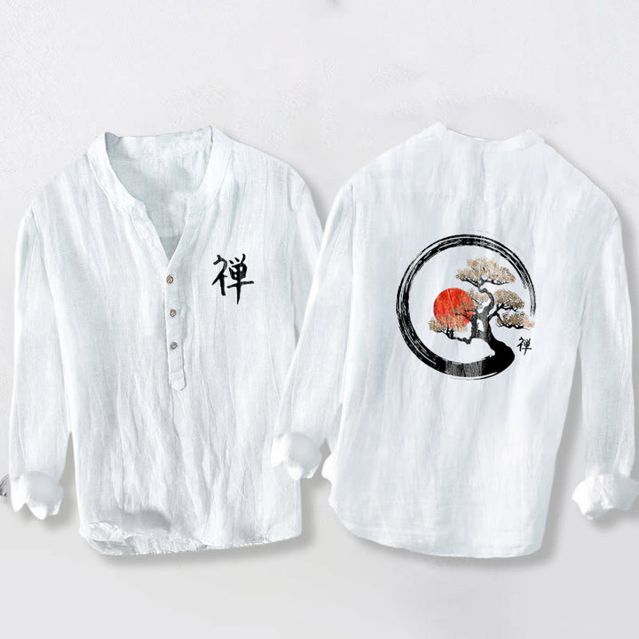 Buddha Stones、禅のキャラクター、松の木、太陽の模様。ハーフボタンのメンズコットンリネン長袖シャツ。 - 白 - US/UK/AU50、EU60 (5XL) - image 6