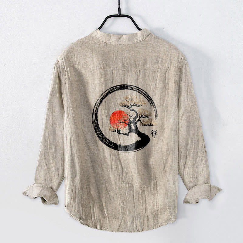 Buddha Stones、禅のキャラクター、松の木、太陽の模様。ハーフボタンのメンズコットンリネン長袖シャツ。 - image 5