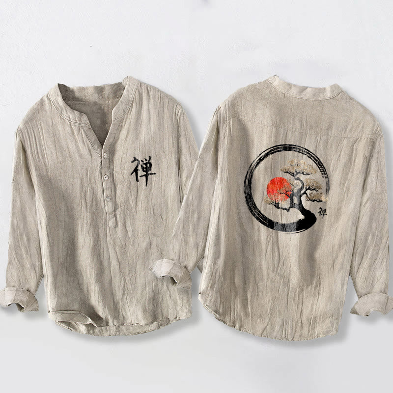 Buddha Stones、禅のキャラクター、松の木、太陽の模様。ハーフボタンのメンズコットンリネン長袖シャツ。 - リネン - US/UK/AU50、EU60 (5XL) - image 3
