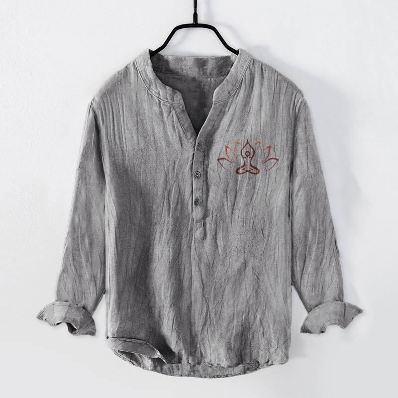 Buddha Stonesと蓮の瞑想図柄 ハーフボタン メンズ コットンリネン 長袖シャツ - グレー - US/UK/AU50、EU60 (5XL) - image 3