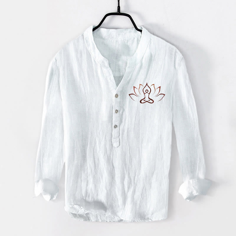 Buddha Stonesと蓮の瞑想図柄 ハーフボタン メンズ コットンリネン 長袖シャツ - 白 - US/UK/AU50、EU60 (5XL) - image 6