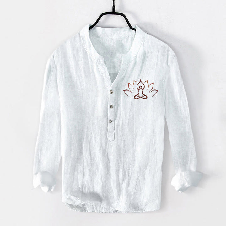 Buddha Stonesと蓮の瞑想図柄 ハーフボタン メンズ コットンリネン 長袖シャツ - 白 - US/UK/AU50、EU60 (5XL) - image 6