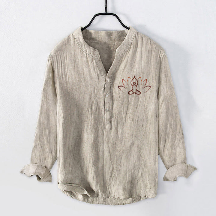 Buddha Stonesと蓮の瞑想図柄 ハーフボタン メンズ コットンリネン 長袖シャツ - リネン - US/UK/AU50、EU60 (5XL) - image 0