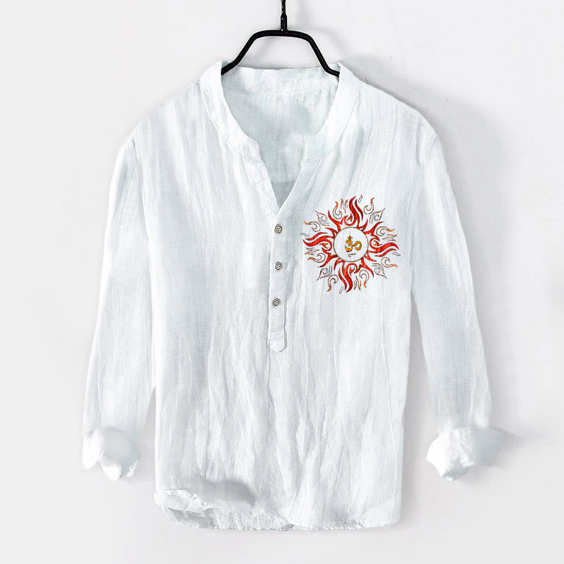 Buddha Stonesと太陽の形をしたOMシンボル柄のハーフボタンメンズコットンリネン長袖シャツ - 白 - US/UK/AU50、EU60 (5XL) - image 6