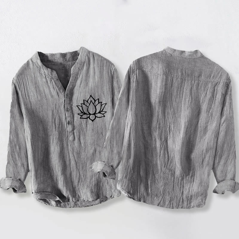 Buddha Stones線画蓮の花柄ハーフボタンメンズコットンリネン長袖シャツ - image 2