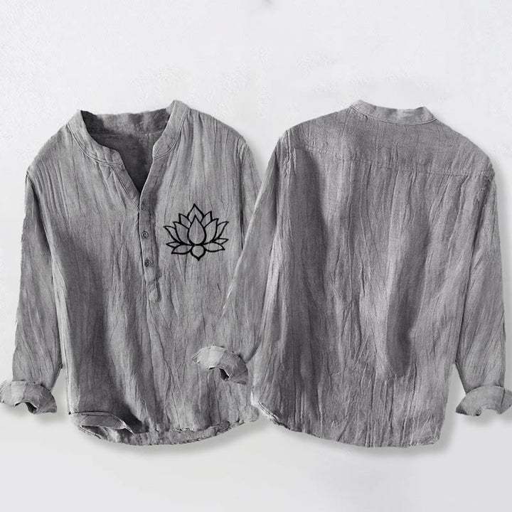 Buddha Stones線画蓮の花柄ハーフボタンメンズコットンリネン長袖シャツ - image 2