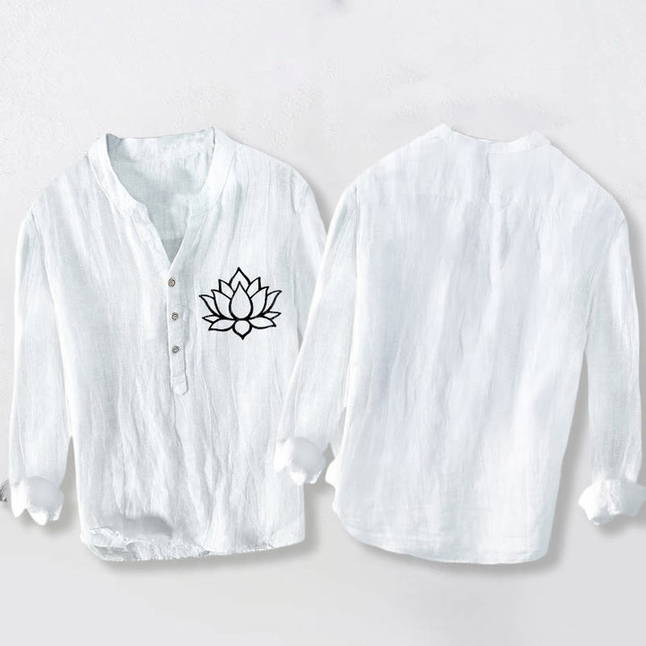 Buddha Stones線画蓮の花柄ハーフボタンメンズコットンリネン長袖シャツ - image 8