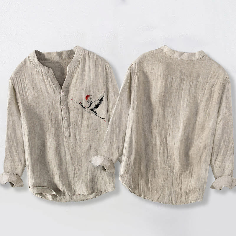 Buddha Stonesと飛鶴の太陽柄 半ボタン メンズ コットンリネン 長袖シャツ - image 2