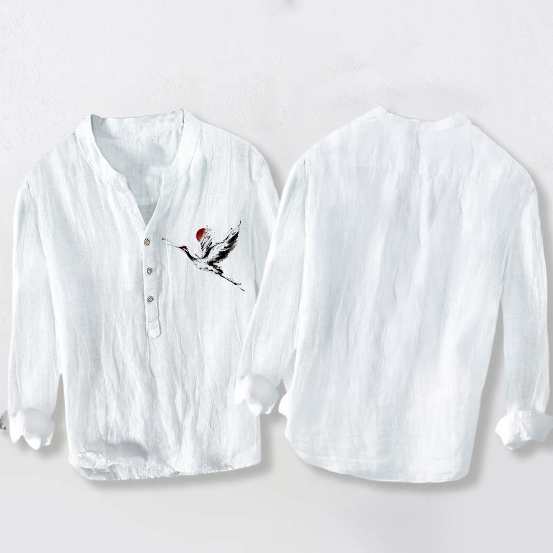 Buddha Stonesと飛鶴の太陽柄 半ボタン メンズ コットンリネン 長袖シャツ - image 8