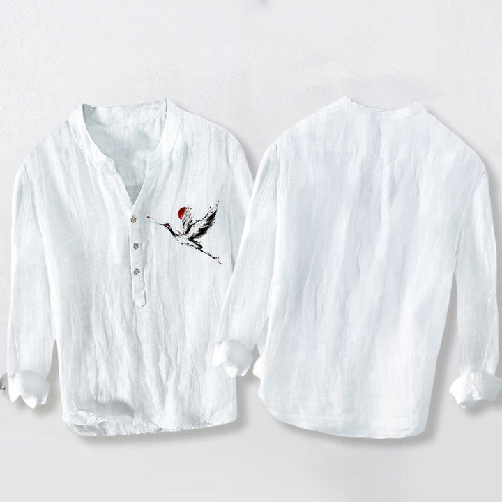 Buddha Stonesと飛鶴の太陽柄 半ボタン メンズ コットンリネン 長袖シャツ - image 8