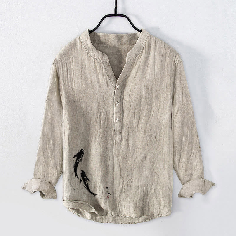 Buddha Stones鯉模様 ハーフボタン メンズ コットンリネン 長袖シャツ - リネン - US/UK/AU50、EU60 (5XL) - image 0