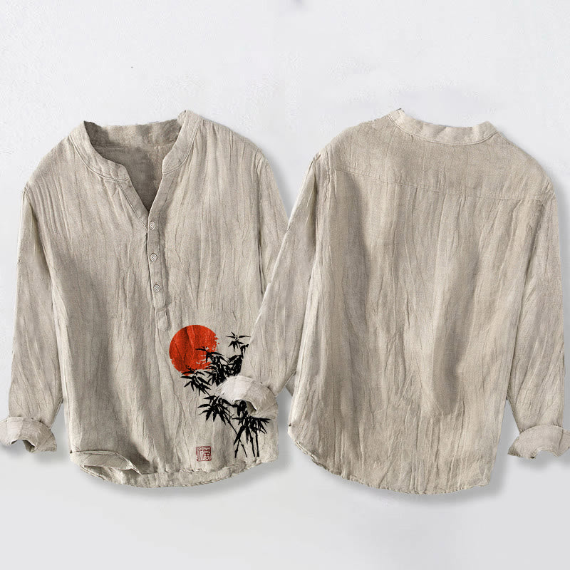 Buddha Stones、竹の葉、赤い太陽の模様、ハーフボタン、メンズコットンリネン長袖シャツ - image 2