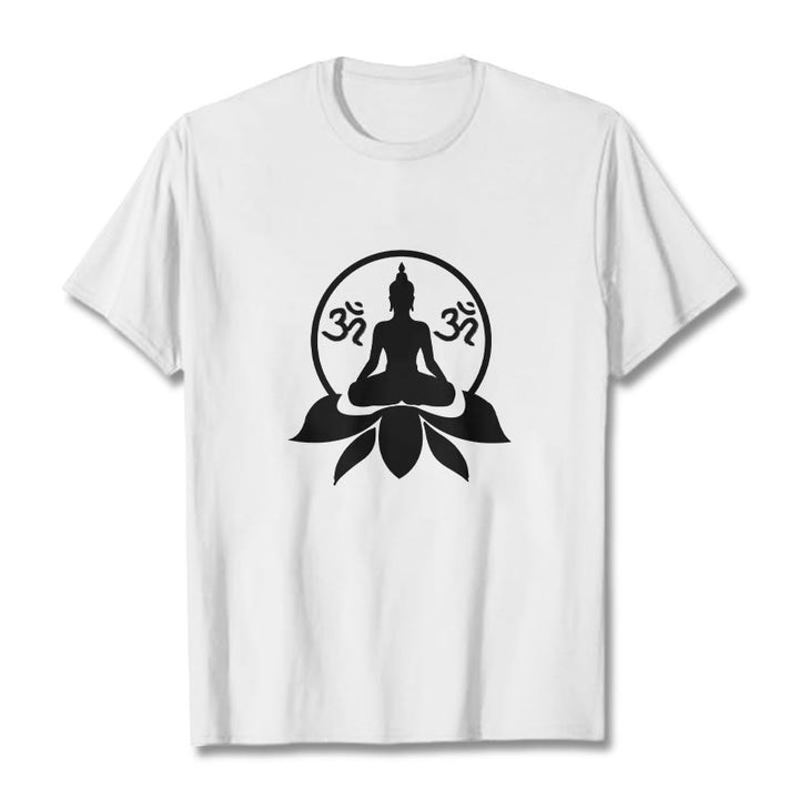 Buddha Stones、 OMシンボル、サンスクリット語のマントラ、蓮の花に座る仏陀のデザインTシャツ - 白 - 2XL - image 3