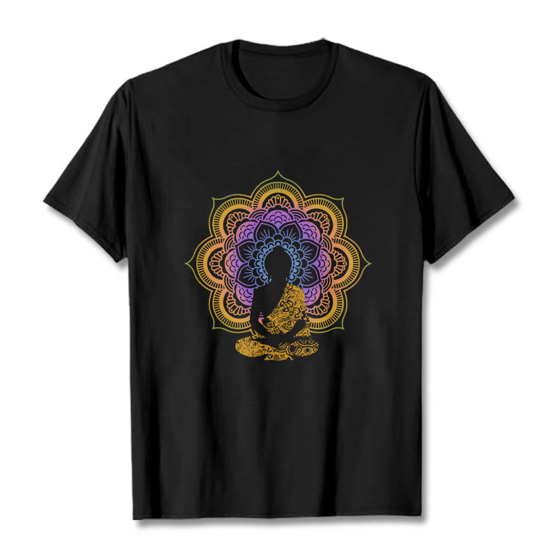 Buddha Stonesマルチカラー マンダラ フラワー 座仏 柄 Tシャツ - 黒 - 2XL - image 0