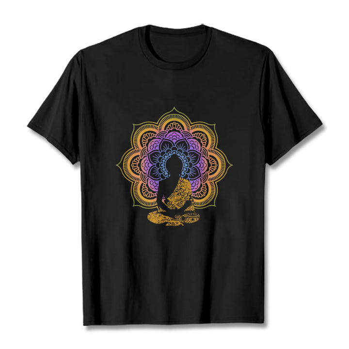 Buddha Stonesマルチカラー マンダラ フラワー 座仏 柄 Tシャツ - 黒 - 2XL - image 0