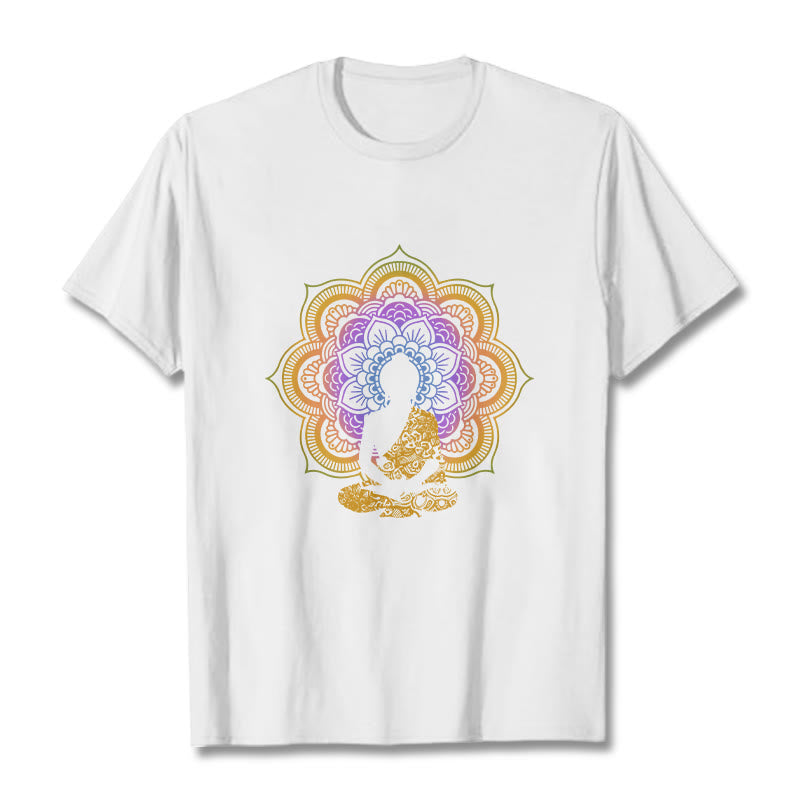 Buddha Stonesマルチカラー マンダラ フラワー 座仏 柄 Tシャツ - 白 - 2XL - image 5