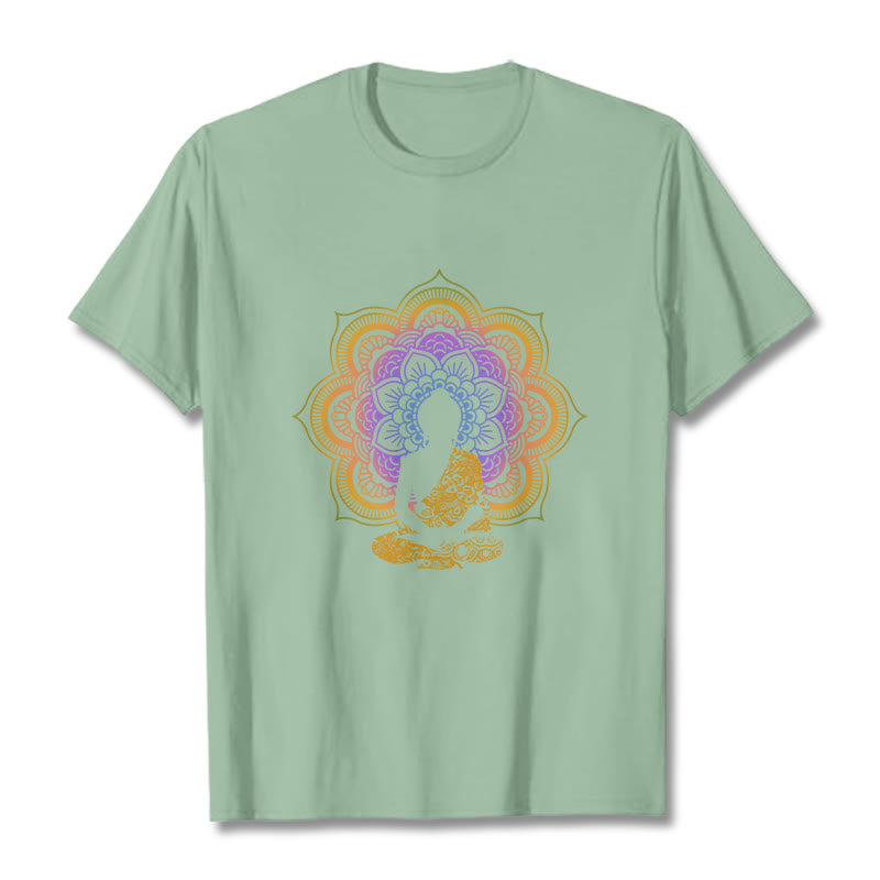 Buddha Stonesマルチカラー マンダラ フラワー 座仏 柄 Tシャツ - 淡い緑色 - 2XL - image 8