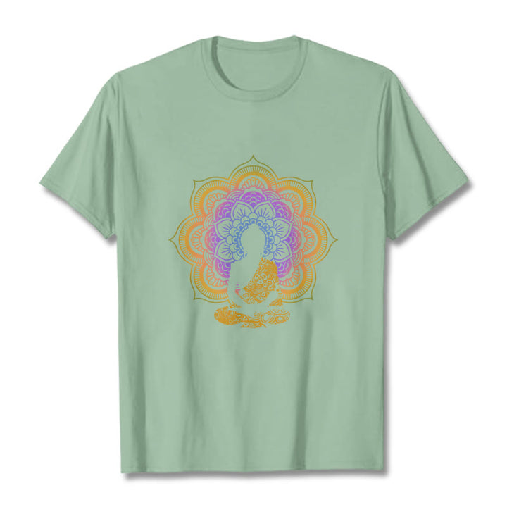 Buddha Stonesマルチカラー マンダラ フラワー 座仏 柄 Tシャツ - 淡い緑色 - 2XL - image 8