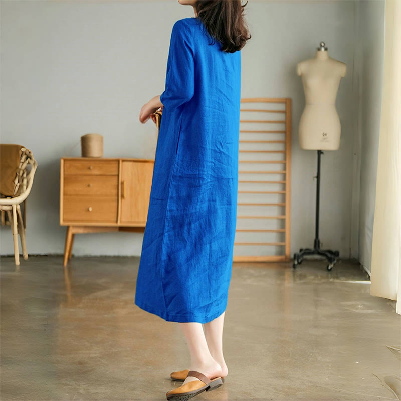 Buddha Stonesカジュアル 無地 アコーディオンプリーツ Vネック ハーフスリーブデザイン ミディドレス ポケット付き - image 5