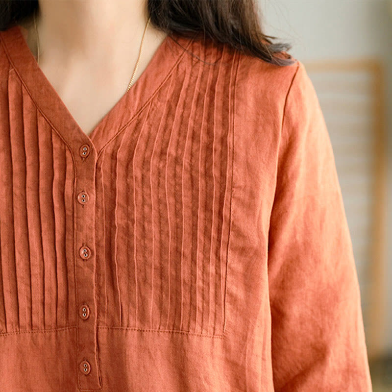 Buddha Stonesカジュアル 無地 アコーディオンプリーツ Vネック ハーフスリーブデザイン ミディドレス ポケット付き - image 10