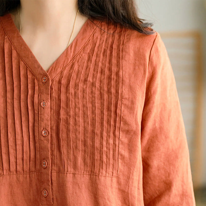 Buddha Stonesカジュアル 無地 アコーディオンプリーツ Vネック ハーフスリーブデザイン ミディドレス ポケット付き - image 10