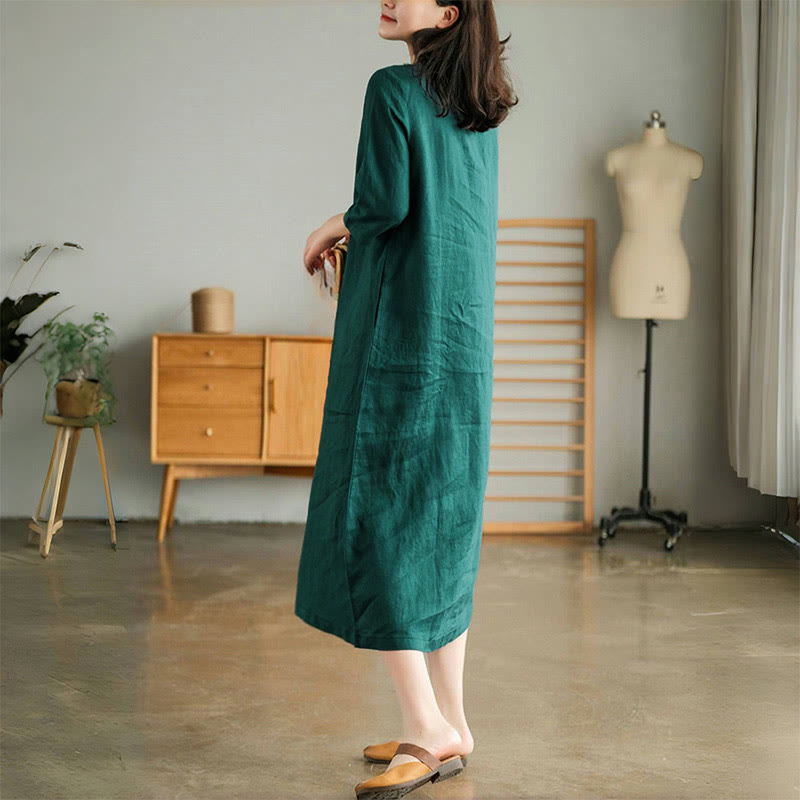 Buddha Stonesカジュアル 無地 アコーディオンプリーツ Vネック ハーフスリーブデザイン ミディドレス ポケット付き - image 2