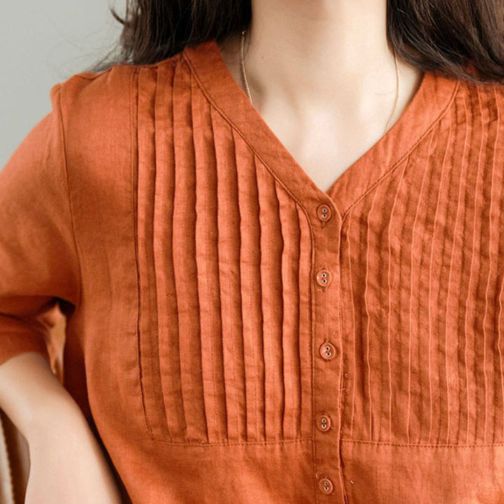 Buddha Stonesカジュアル 無地 アコーディオンプリーツ Vネック ハーフスリーブデザイン ミディドレス ポケット付き - image 11