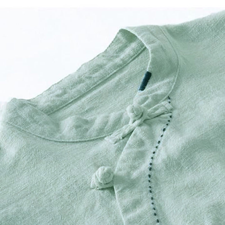 Buddha Stones斜め襟結びボタンゆったりリネン服 - image 6