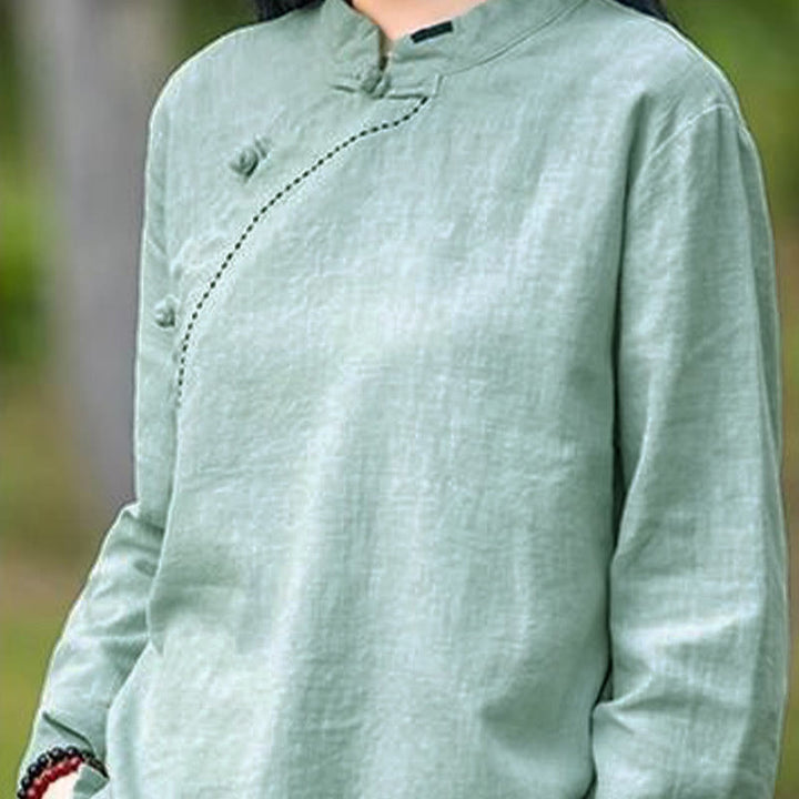 Buddha Stones斜め襟結びボタンゆったりリネン服 - image 7