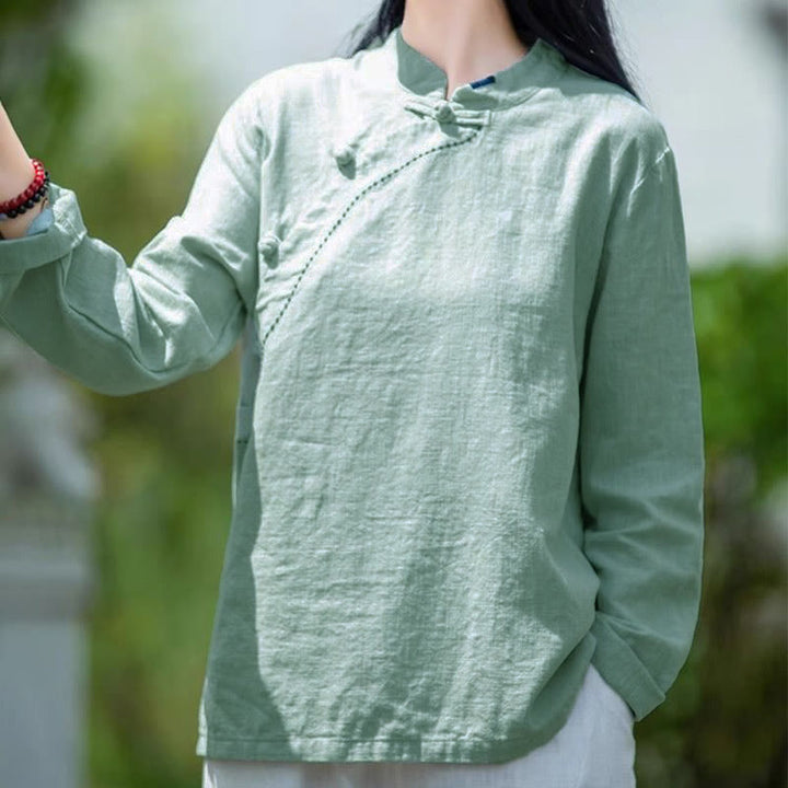 Buddha Stones斜め襟結びボタンゆったりリネン服 - image 4