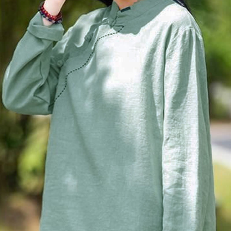 Buddha Stones斜め襟結びボタンゆったりリネン服 - image 1