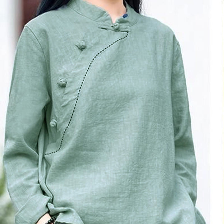 Buddha Stones斜め襟結びボタンゆったりリネン服 - image 2