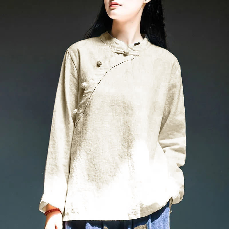 Buddha Stones斜め襟結びボタンゆったりリネン服 - 白 - US12、 UK/AU16、EU44 (4XL) - image 11