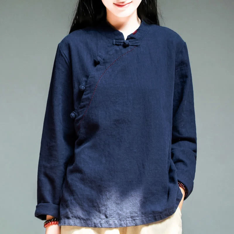 Buddha Stones斜め襟結びボタンゆったりリネン服 - ミッドナイトブルー - US12、 UK/AU16、EU44 (4XL) - image 12