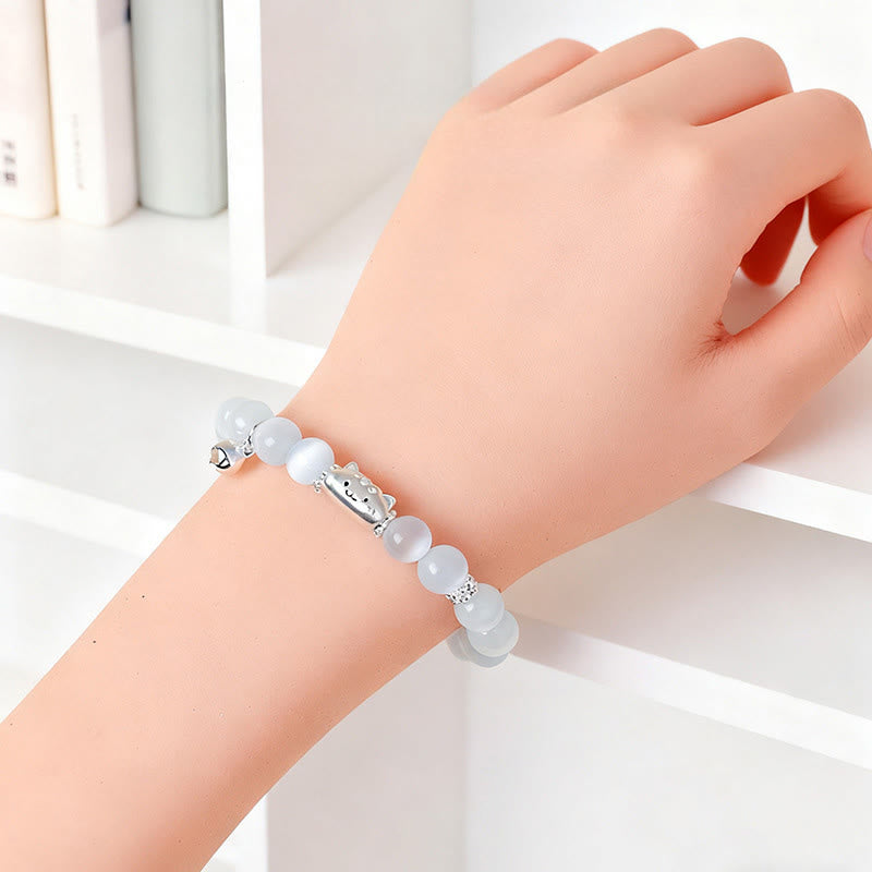 Buddha Stones 999スターリングシルバー 天然キャットヘッド ホワイトキャッツアイ ホワイトアゲート幸運を呼ぶブレスレット - image 5