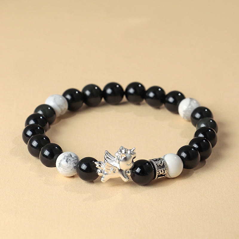 Buddha Stones999スターリングシルバー 馬年 天然黒曜石 菩提樹の強さブレスレット - ブラックオブシディアン（手首周り：13～15cm） - image 0
