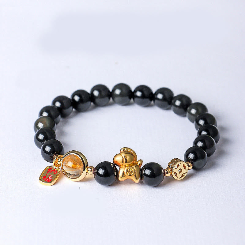 Buddha Stones馬年 天然石 8mm 黒曜石 レッドアゲート ピンククリスタル強さブレスレット - ブラックオブシディアン（手首周り：13～15cm） - image 0