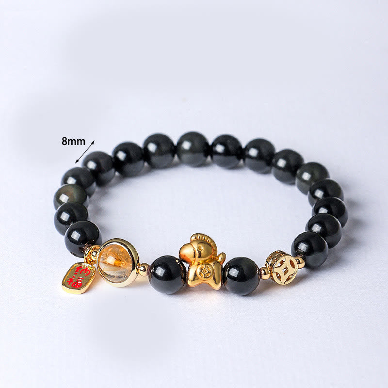 Buddha Stones馬年 天然石 8mm 黒曜石 レッドアゲート ピンククリスタル強さブレスレット - image 1