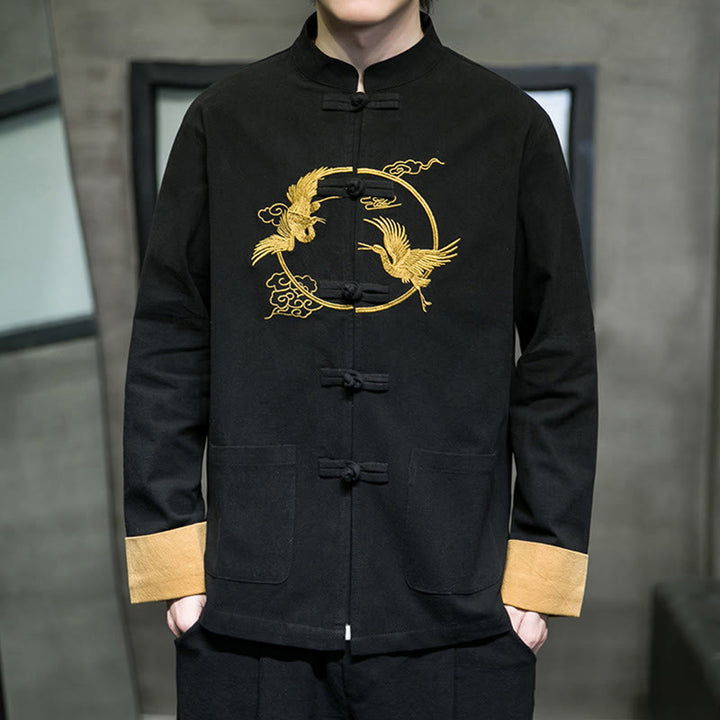 Buddha Stones刺繍鶴柄カエルボタンメンズコットン長袖ジャケットポケット付き - 黒 - US/UK/AU46、 EU56 (5XL) - image 19