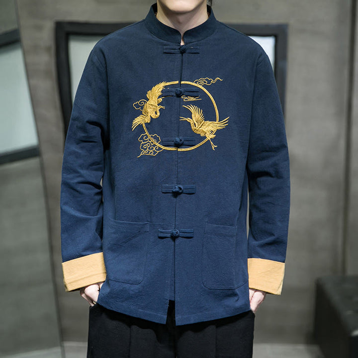 Buddha Stones刺繍鶴柄カエルボタンメンズコットン長袖ジャケットポケット付き - ダークブルー - US/UK/AU46、 EU56 (5XL) - image 29