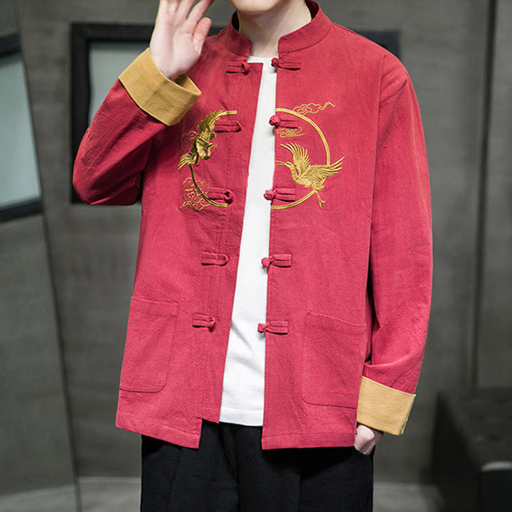 Buddha Stones刺繍鶴柄カエルボタンメンズコットン長袖ジャケットポケット付き - クリムゾン - US/UK/AU46、 EU56 (5XL) - image 0